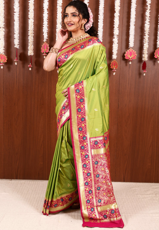 Parrot Green with Rani Pink Minakari Border Kanjivaram Silk Saree With Blouse Piece