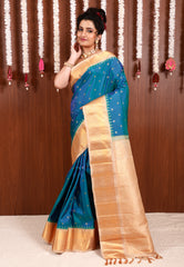 Peacock Blue with Beige Border Gadwal Pure Silk Saree With Blouse Piece