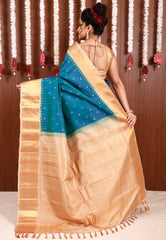 Peacock Blue with Beige Border Gadwal Pure Silk Saree With Blouse Piece