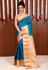 Peacock Blue with Beige Border Gadwal Pure Silk Saree With Blouse Piece