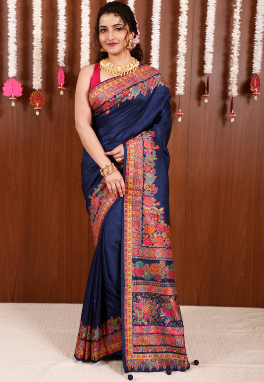 Blue Kani Silk Saree With Blouse Piece