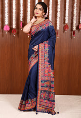 Blue Kani Silk Saree With Blouse Piece