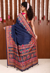 Blue Kani Silk Saree With Blouse Piece