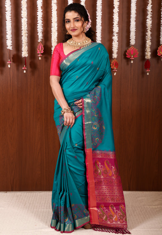 Rama Green Katan Silk Saree With Blouse Piece