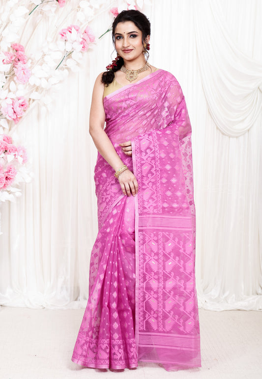 Pink Dhakai Jamdani Cotton Saree without Blouse Piece