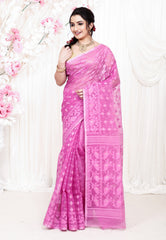 Pink Dhakai Jamdani Cotton Saree without Blouse Piece