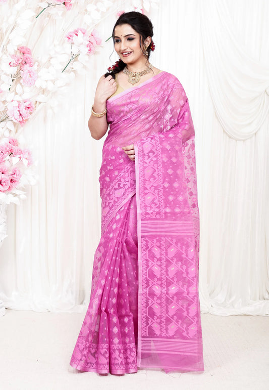 Pink Dhakai Jamdani Cotton Saree without Blouse Piece