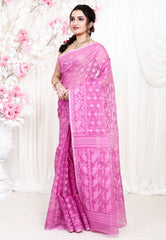 Pink Dhakai Jamdani Cotton Saree without Blouse Piece