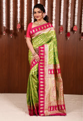 Parrot Green with Rani Pink Border Kanjivaram Silk Saree With Blouse Piece