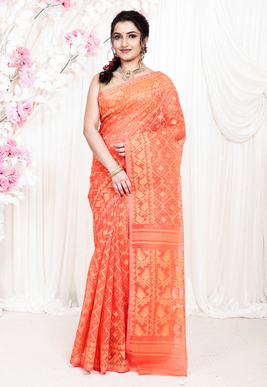 Orange Dhakai Jamdani Cotton Saree without Blouse Piece