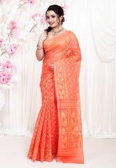 Orange Dhakai Jamdani Cotton Saree without Blouse Piece