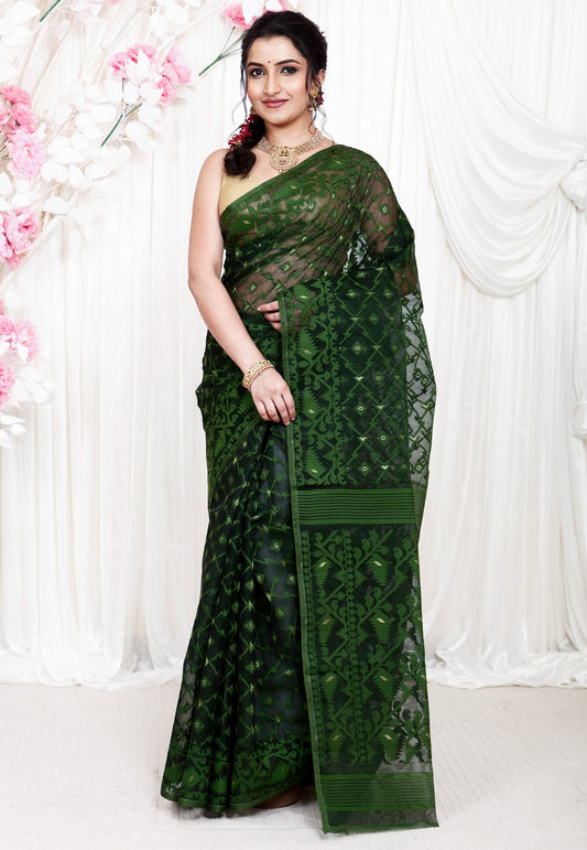 Bottle Green Dhakai Jamdani Cotton Saree without Blouse Piece