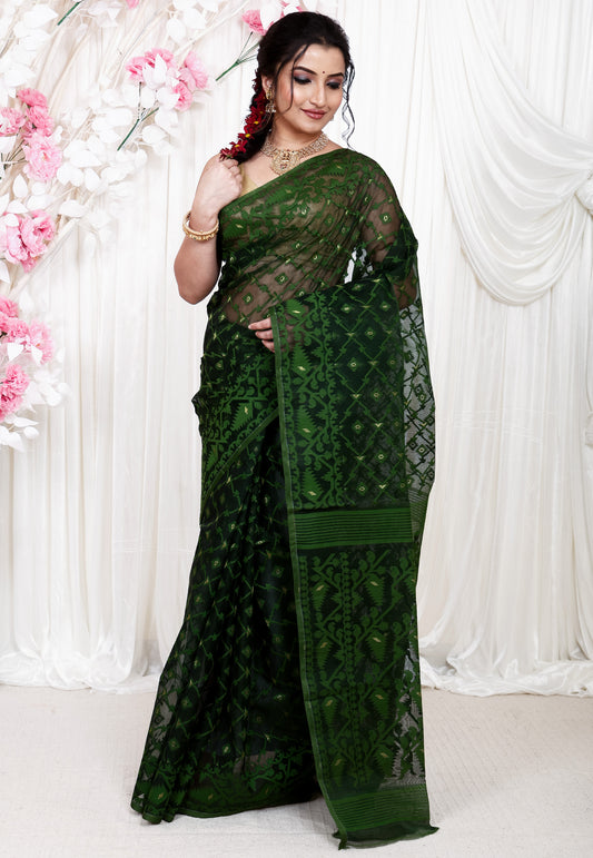 Bottle Green Dhakai Jamdani Cotton Saree without Blouse Piece