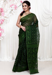 Bottle Green Dhakai Jamdani Cotton Saree without Blouse Piece