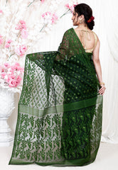 Bottle Green Dhakai Jamdani Cotton Saree without Blouse Piece