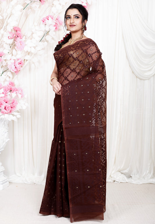 Brown Dhakai Jamdani Cotton Saree without Blouse Piece