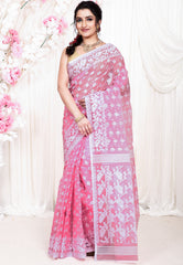 Pink Dhakai Jamdani Cotton Saree without Blouse Piece