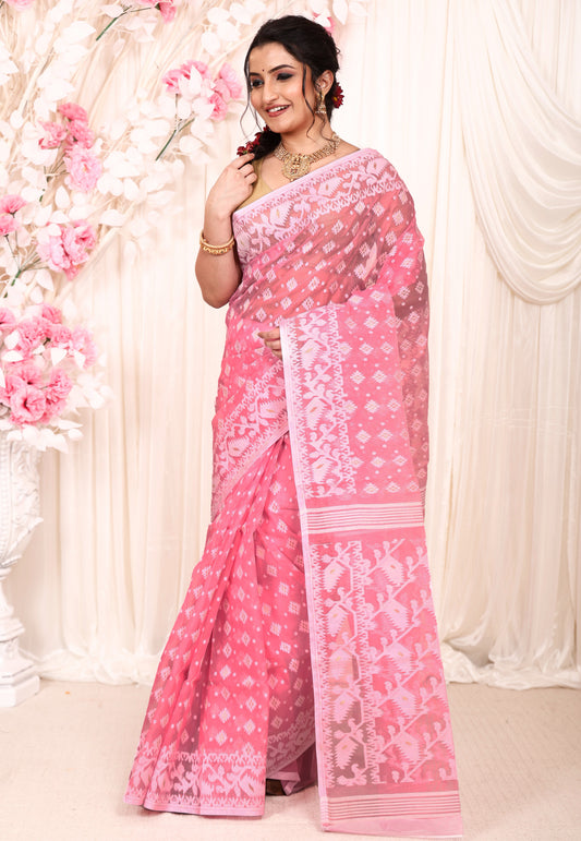 Pink Dhakai Jamdani Cotton Saree without Blouse Piece