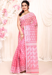 Pink Dhakai Jamdani Cotton Saree without Blouse Piece