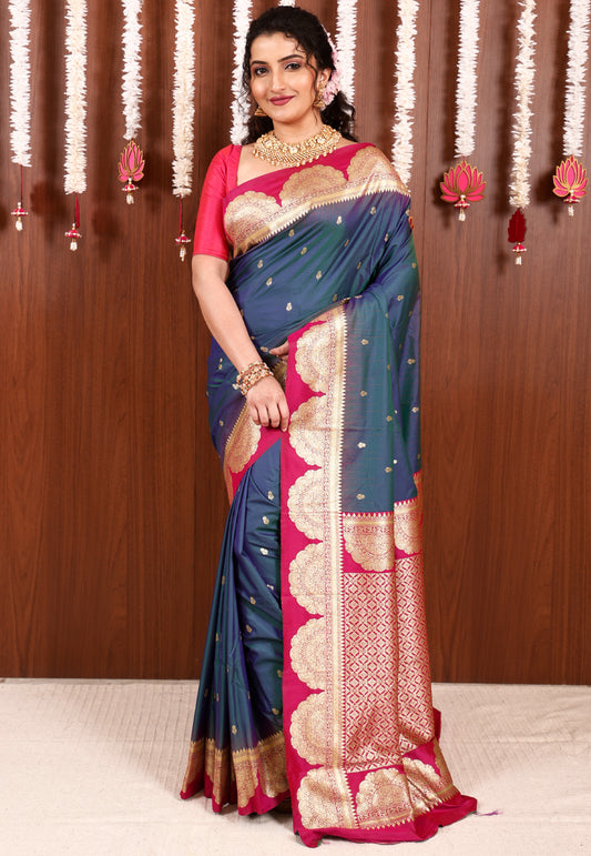 Peacock Blue with Rani Border Kanjivaram Silk Saree With Blouse Piece