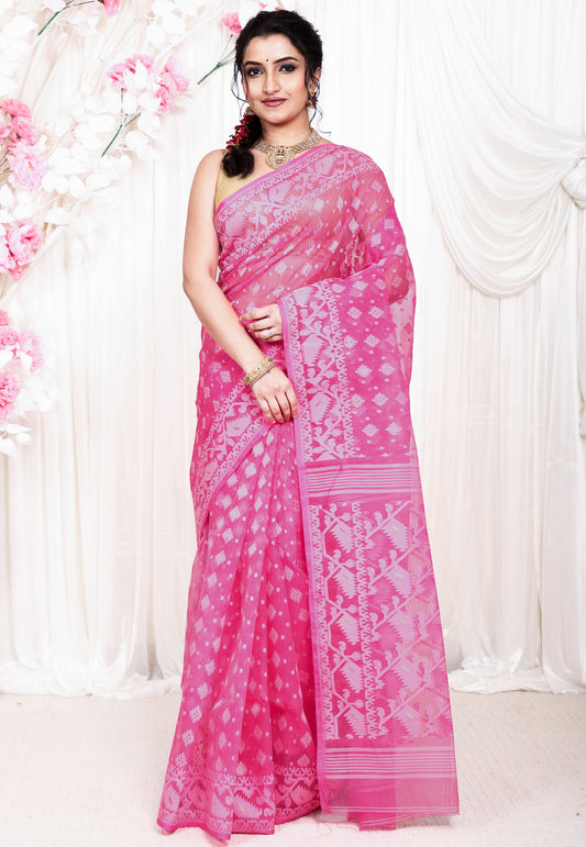 Onion Pink Dhakai Jamdani Cotton Saree without Blouse Piece