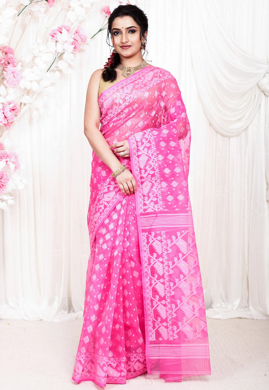 Onion Pink Dhakai Jamdani Cotton Saree without Blouse Piece