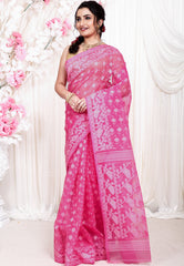 Onion Pink Dhakai Jamdani Cotton Saree without Blouse Piece