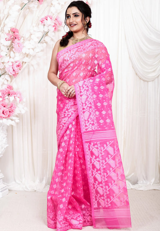 Onion Pink Dhakai Jamdani Cotton Saree without Blouse Piece