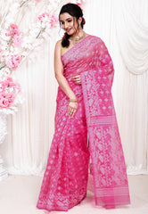 Onion Pink Dhakai Jamdani Cotton Saree without Blouse Piece