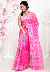 Onion Pink Dhakai Jamdani Cotton Saree without Blouse Piece