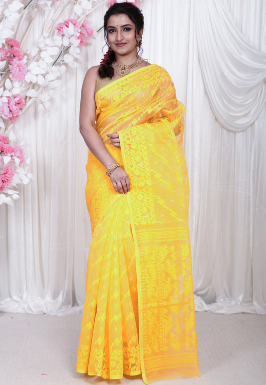 Yellow Dhakai Jamdani Cotton Saree without Blouse Piece