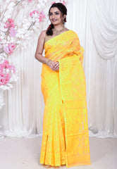 Yellow Dhakai Jamdani Cotton Saree without Blouse Piece