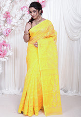 Yellow Dhakai Jamdani Cotton Saree without Blouse Piece