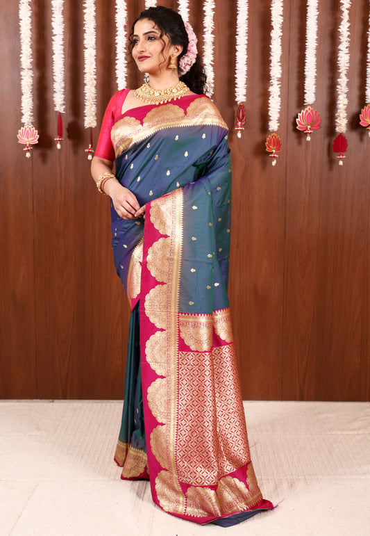 Peacock Blue with Rani Border Kanjivaram Silk Saree With Blouse Piece