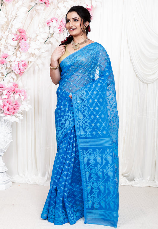 Feroza Blue Dhakai Jamdani Cotton Saree without Blouse Piece