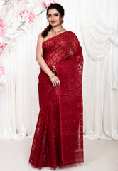 Maroon Dhakai Jamdani Cotton Saree without Blouse Piece