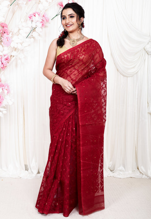 Maroon Dhakai Jamdani Cotton Saree without Blouse Piece