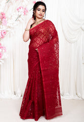 Maroon Dhakai Jamdani Cotton Saree without Blouse Piece