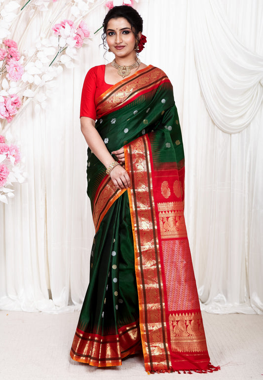 Bottle Green with Red Border Gadwal Pure Silk Saree With Blouse Piece