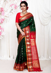 Bottle Green with Red Border Gadwal Pure Silk Saree With Blouse Piece