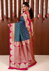 Peacock Blue with Rani Border Kanjivaram Silk Saree With Blouse Piece