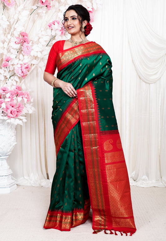 Bottle Green with Red Border  Gadwal Pure Silk Saree With Blouse Piece