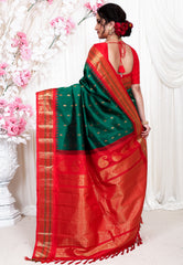 Bottle Green with Red Border  Gadwal Pure Silk Saree With Blouse Piece