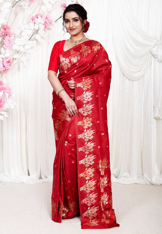 Red Katan Silk Saree With Blouse Piece