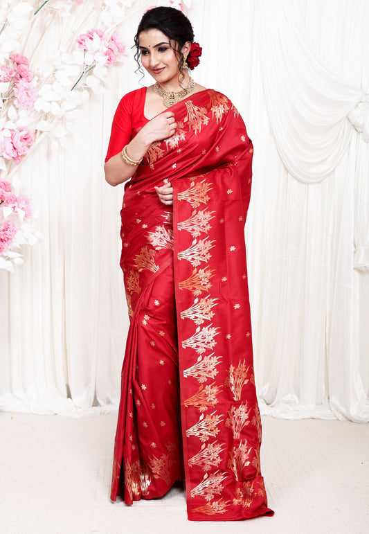 Red Katan Silk Saree With Blouse Piece