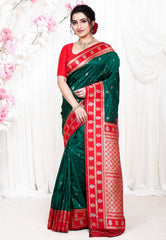 Bottle Green wtih Red Border Kanjivaram Silk Saree With Blouse Piece