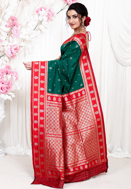 Bottle Green wtih Red Border Kanjivaram Silk Saree With Blouse Piece