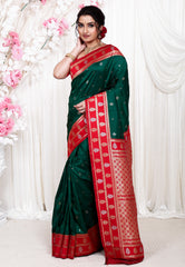 Bottle Green wtih Red Border Kanjivaram Silk Saree With Blouse Piece