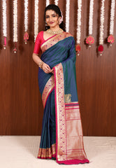 Peacock Blue with Rani Pink Border Kanjivaram Silk Saree With Blouse Piece