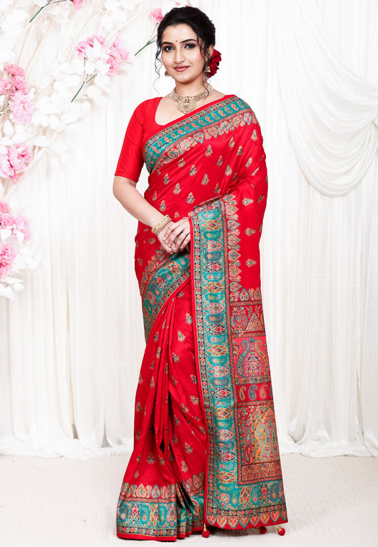 Red Kani Silk Saree With Blouse Piece